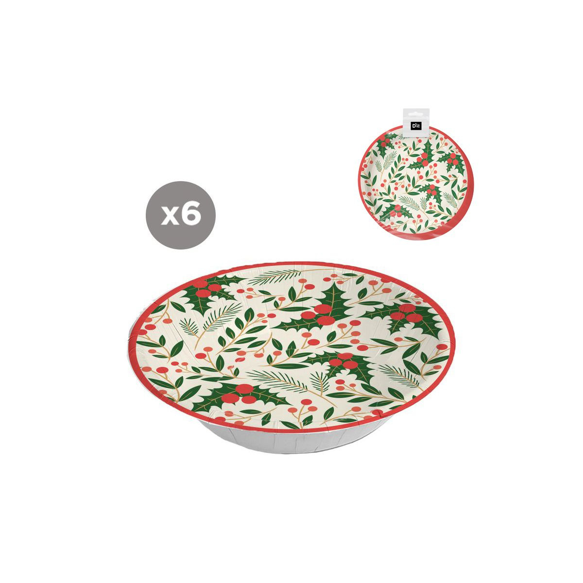Bols descartáveis Natal 6 unidades 17,5cm folhas de azevinho