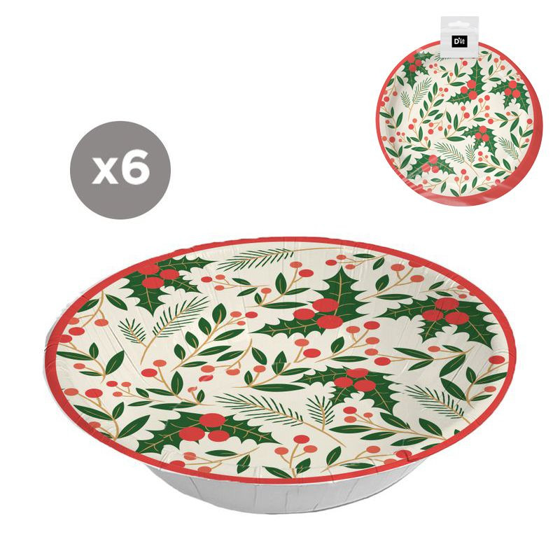 Bols descartáveis Natal 6 unidades 17,5cm folhas de azevinho