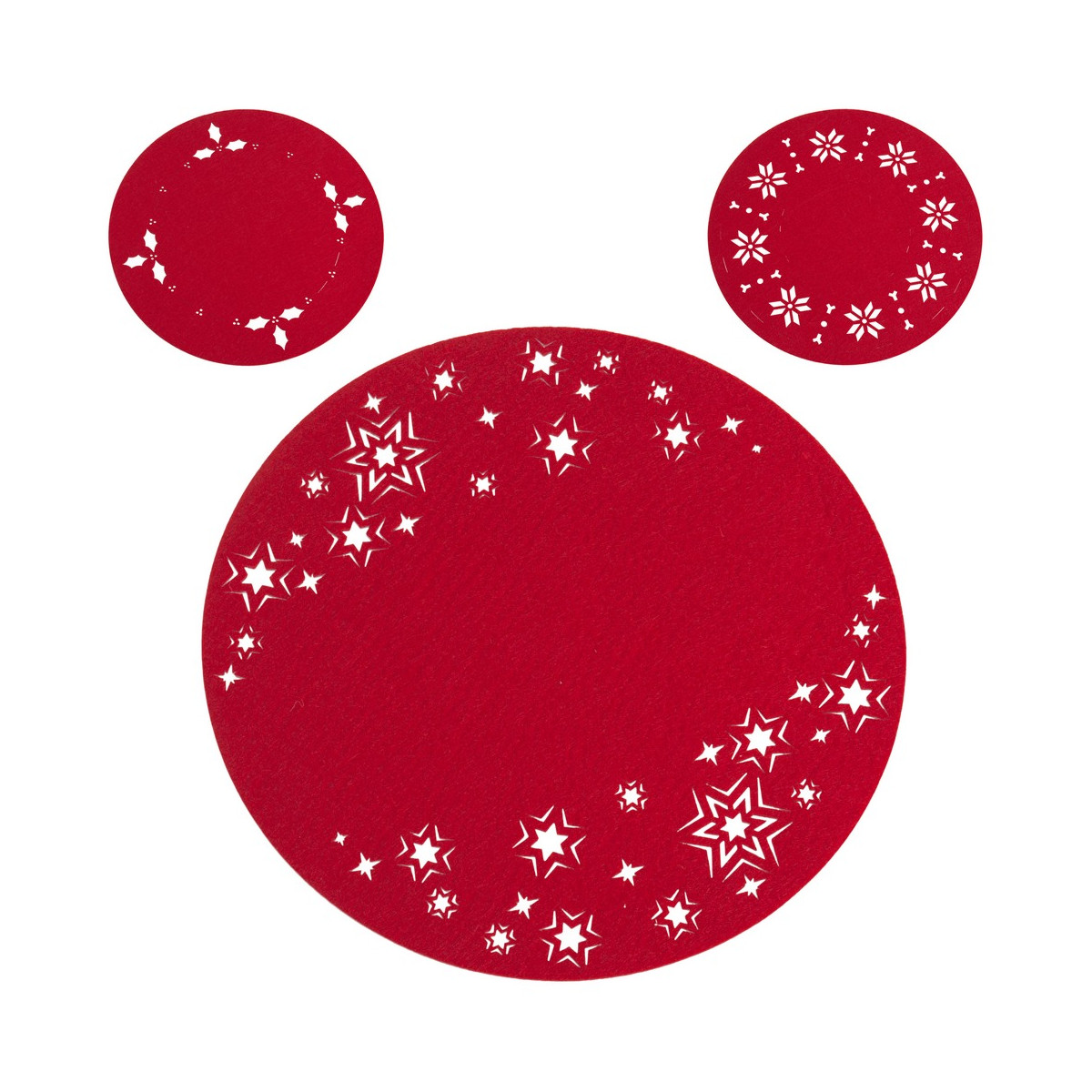 Sousplat de Natal redondo com detalhes recortados em feltro vermelho para decoração