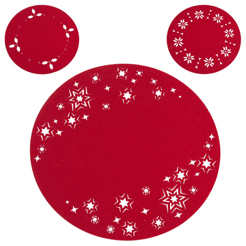 Sousplat de Natal redondo com detalhes recortados em feltro vermelho para decoração