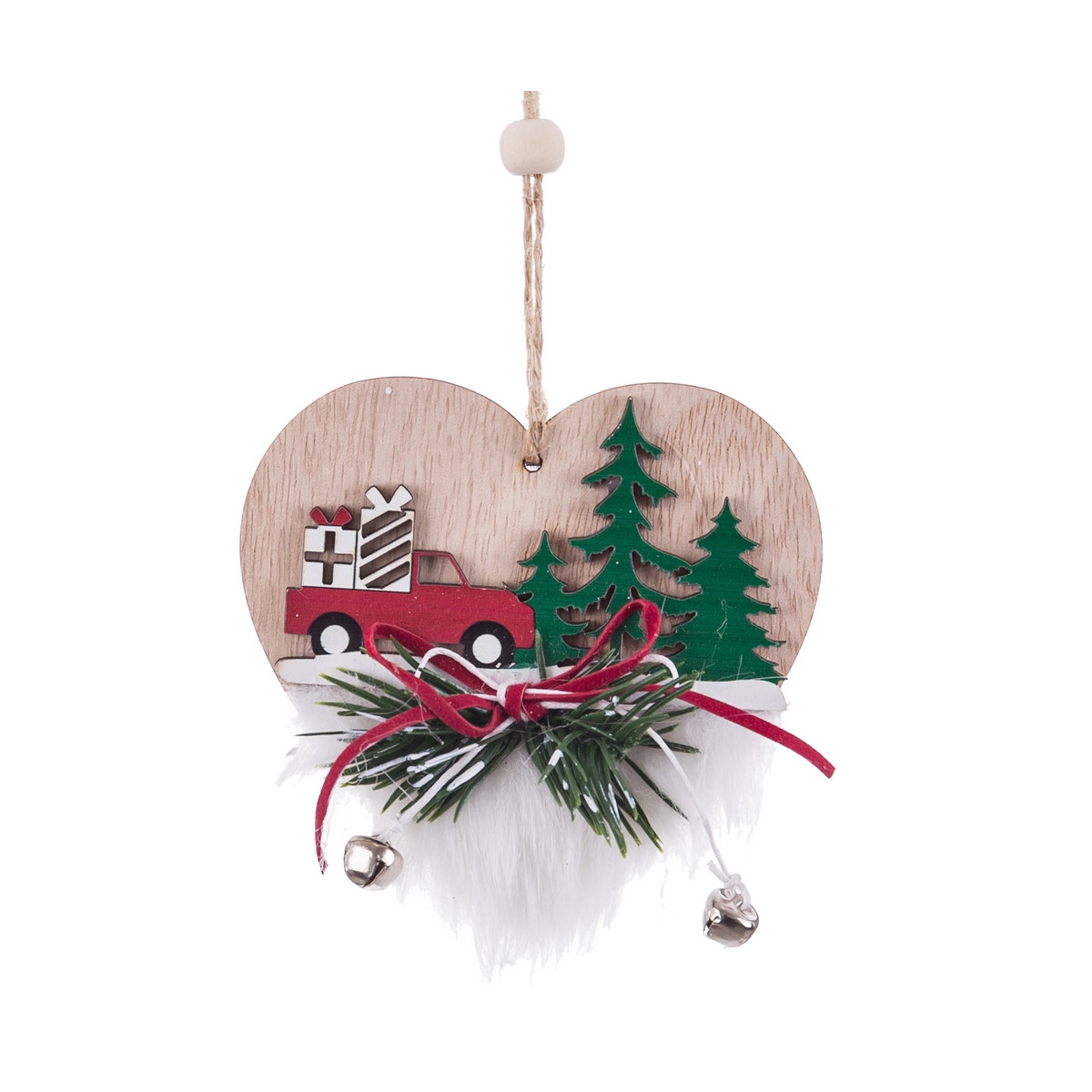Enfeite de Natal de madeira em forma de coração Decoração rústica com caminhão e pinheiros