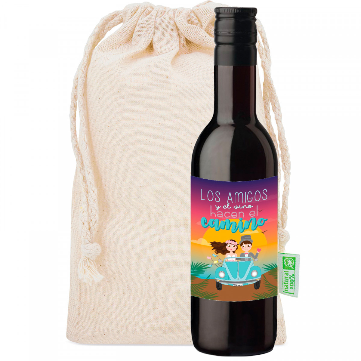 Garrafas de vinho frutado com adesivo simpático em bolsa de algodão para casamento