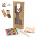 Lápis e ceras de cores em caixa tipo kraft com adesivo personalizado para detalhes