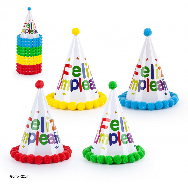 Chapéu de festa Feliz Aniversário com pompons 22cm