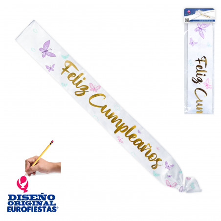 Faixa branca Feliz Aniversário com letras em dourado metalizado e borboletas coloridas