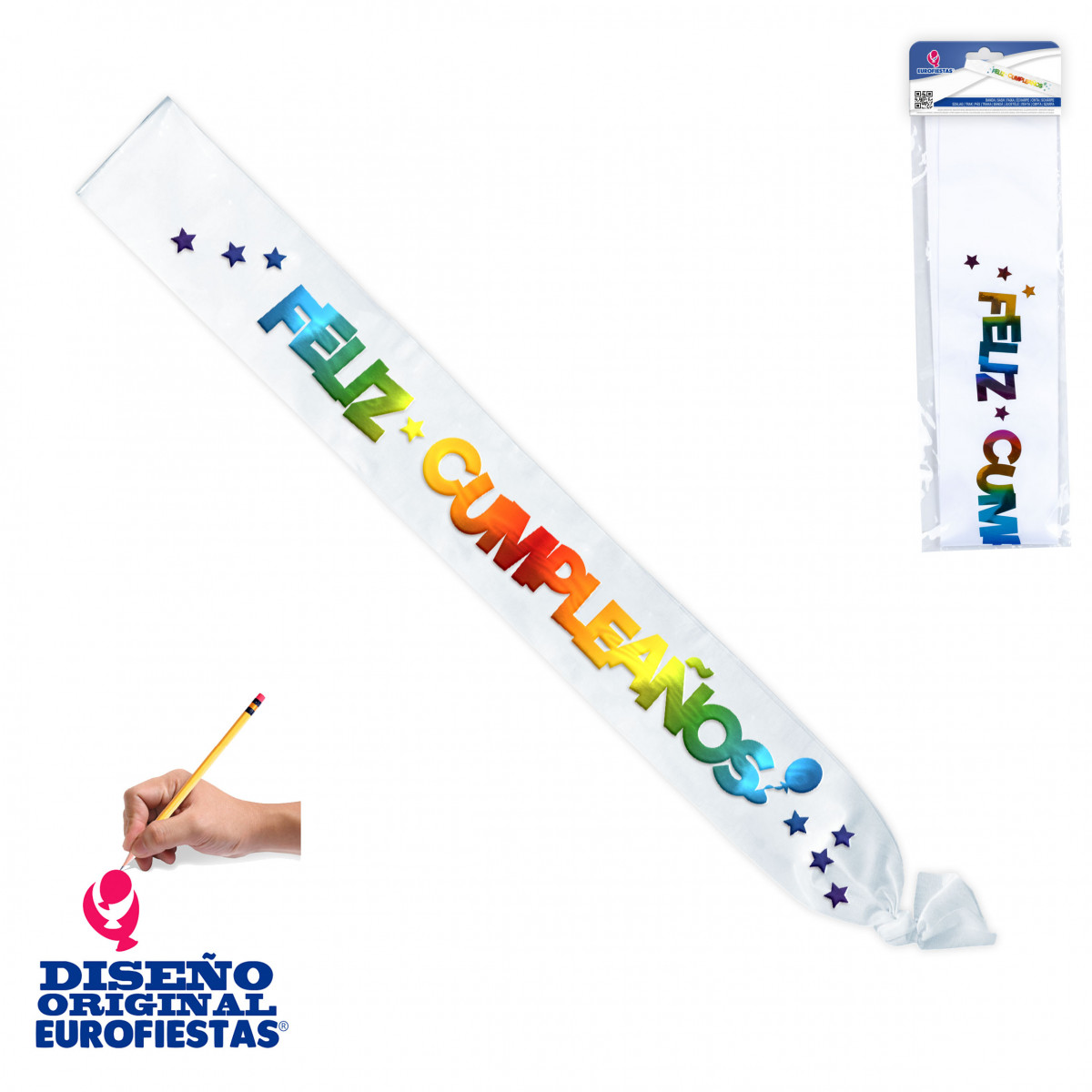 Fita feliz cumple com letras iridescentes metalizadas e fundo branco