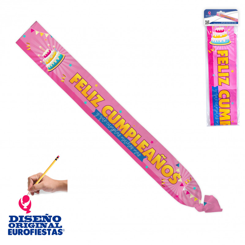 Faixa de aniversário rosa com texto de felicitação e elementos decorativos festivos