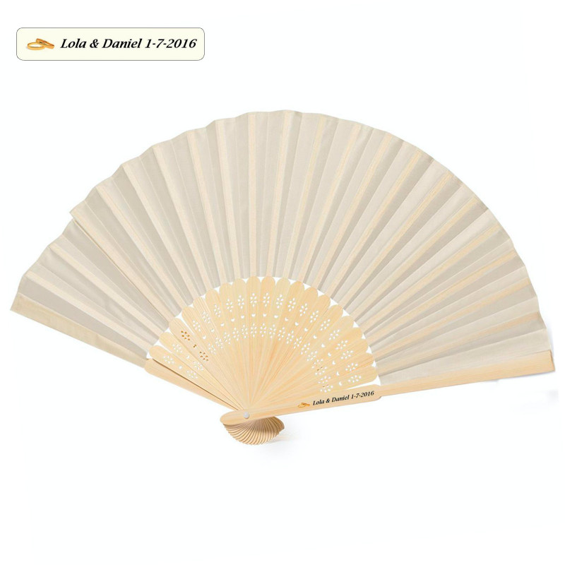 Leque de bambu e cor natural com adesivo de casamento personalizável para detalhes dos convidados