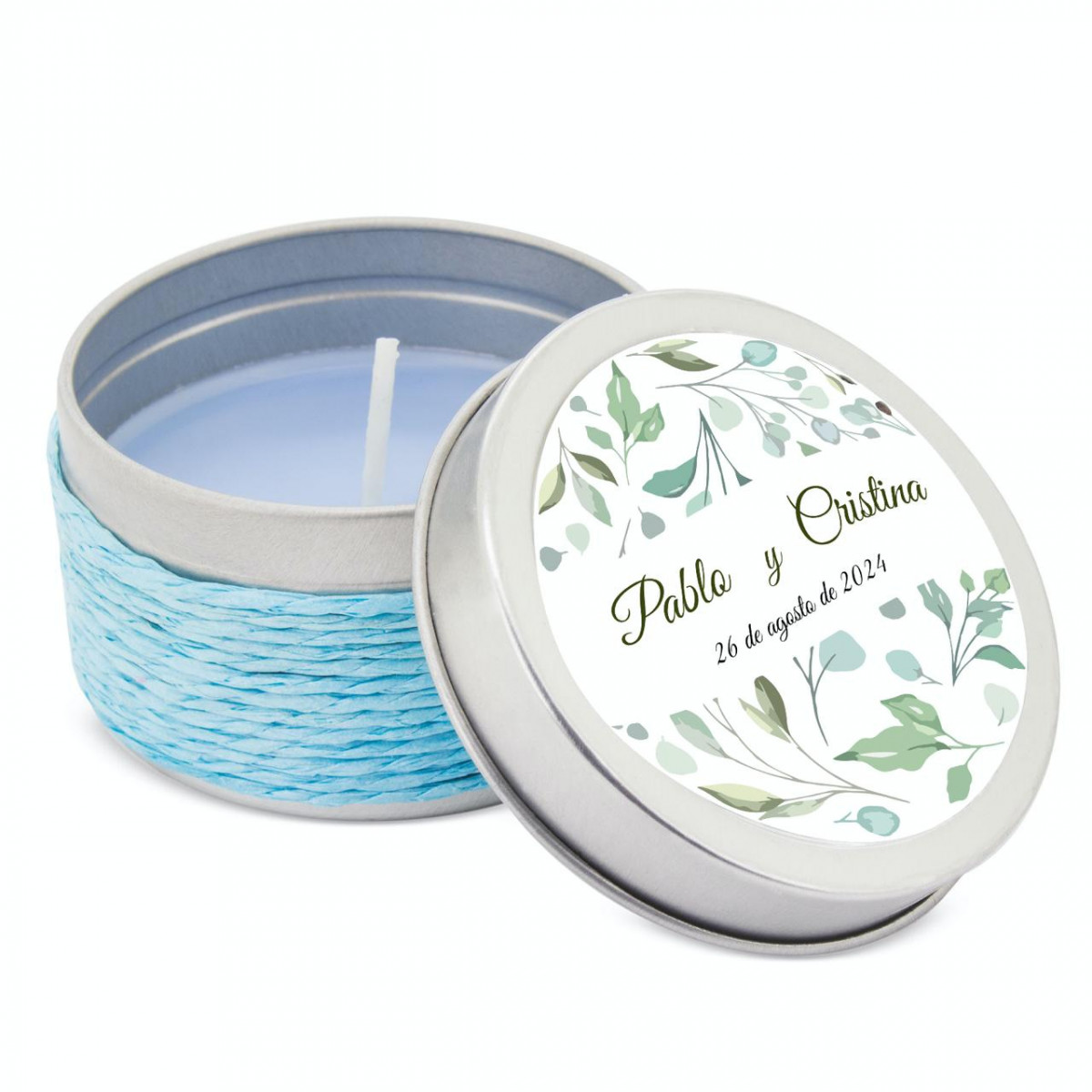 Vela perfumada azul em caixa de metal com adesivo personalizado para eventos