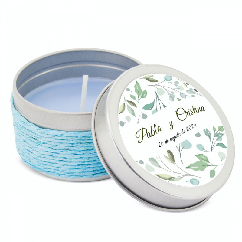 Vela perfumada azul em caixa de metal com adesivo personalizado para eventos