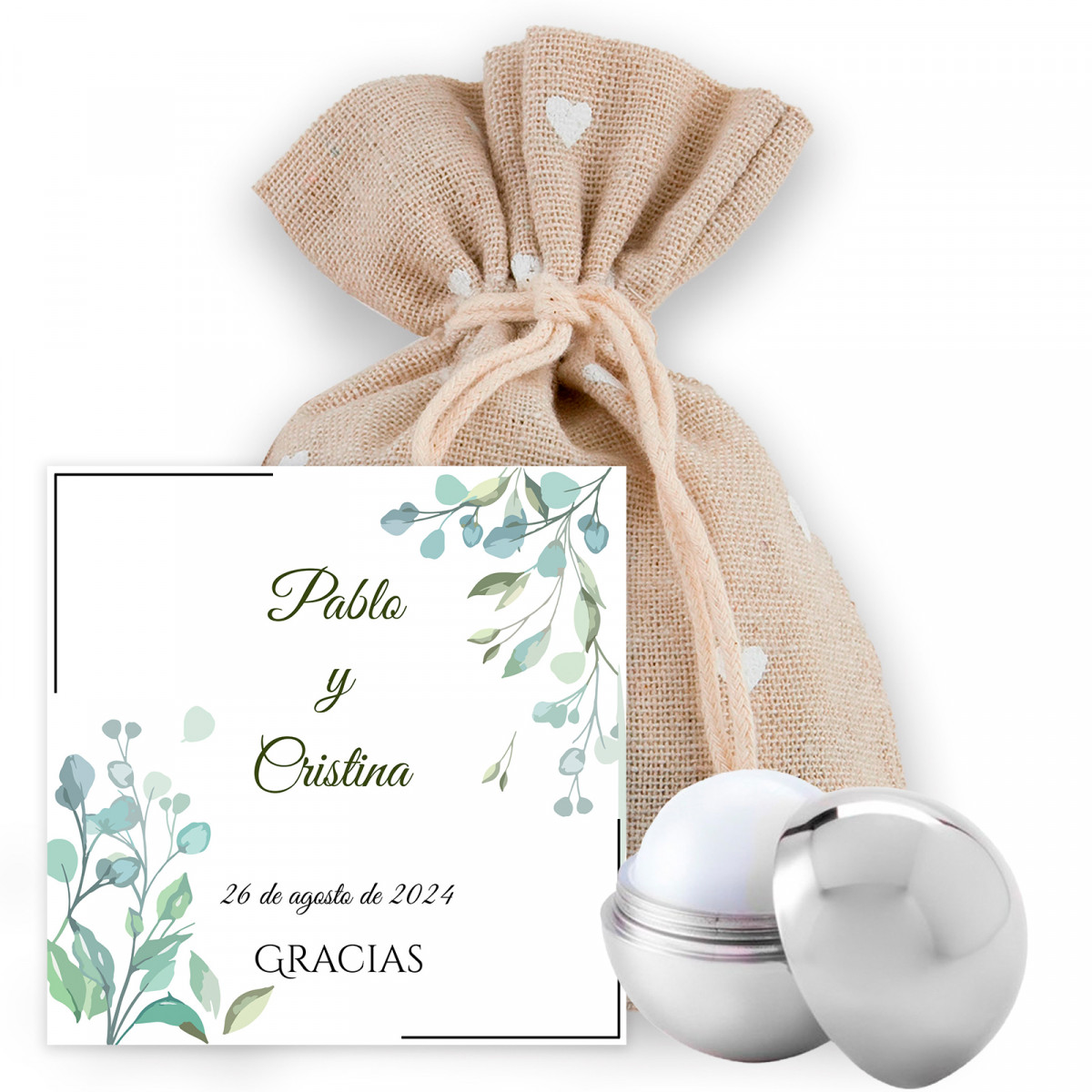 Protetor labial com cartão de lembrete personalizado em uma bolsa de tecido para lembrancinhas de casamento