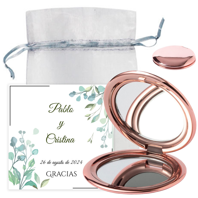 Espelho duplo em ouro rosa com cartão de lembrete em bolsa de organza para detalhes