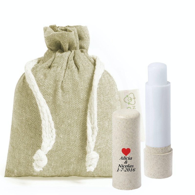 Bálsamo labial em bastão personalizado com bolsa rústica para casamentos