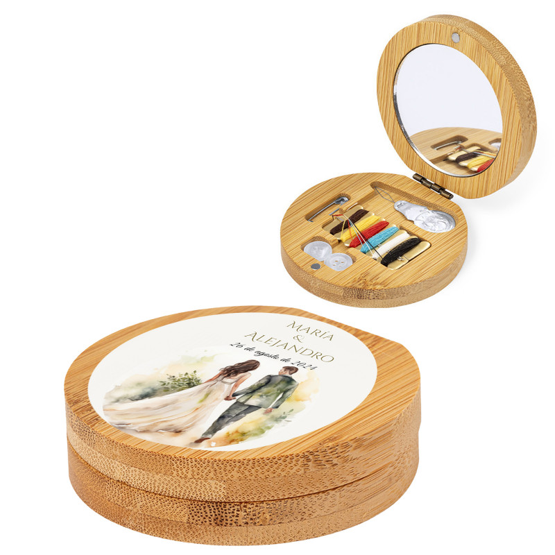 Kit de costura de bolso de bambu com adesivo para noivos e noivas para casamentos