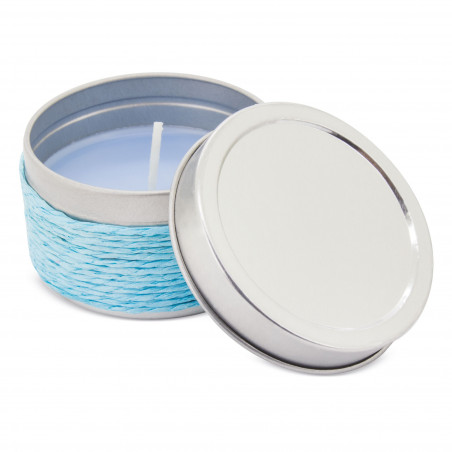 Vela perfumada azul em caixa de metal com adesivo personalizado para eventos