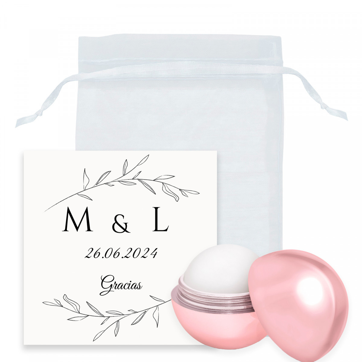 Balm labial em saco de organza branca com cartão de lembrança com iniciais para detalhes