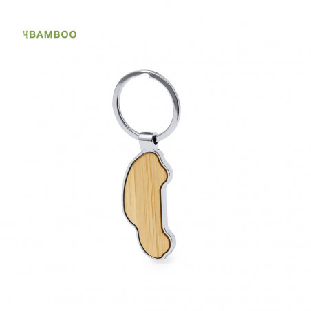 Chaveiro de bambu em forma de carro apresentado em saco de tecido com adesivo personalizado para detalhes