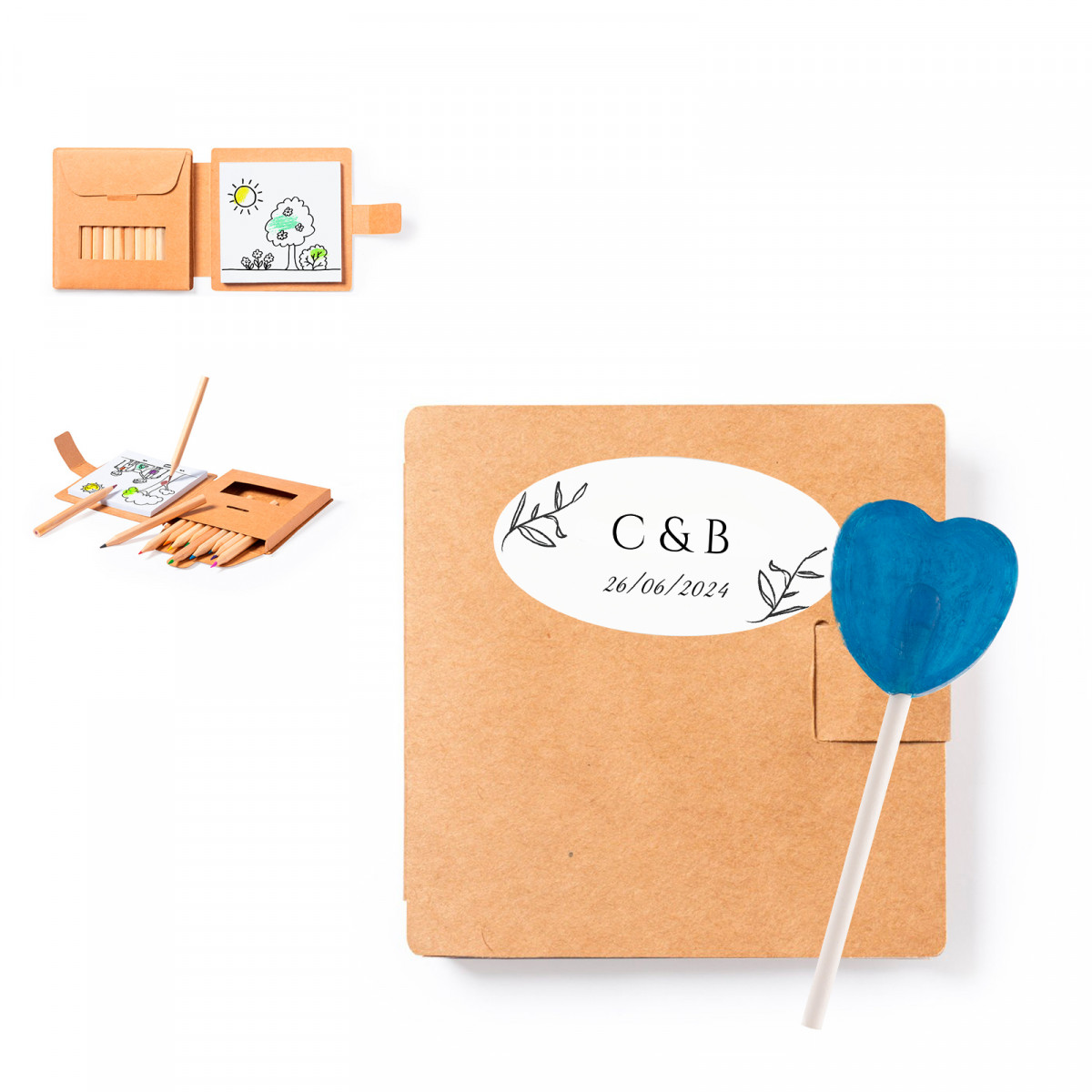 Estojo personalizado com desenhos e lápis de cor e um pirulito de pintura de língua para detalhes