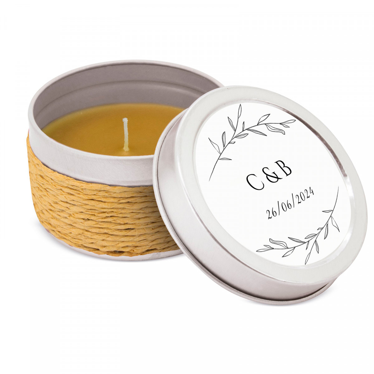 Vela perfumada em caixa metálica com tampa personalizada para detalhes