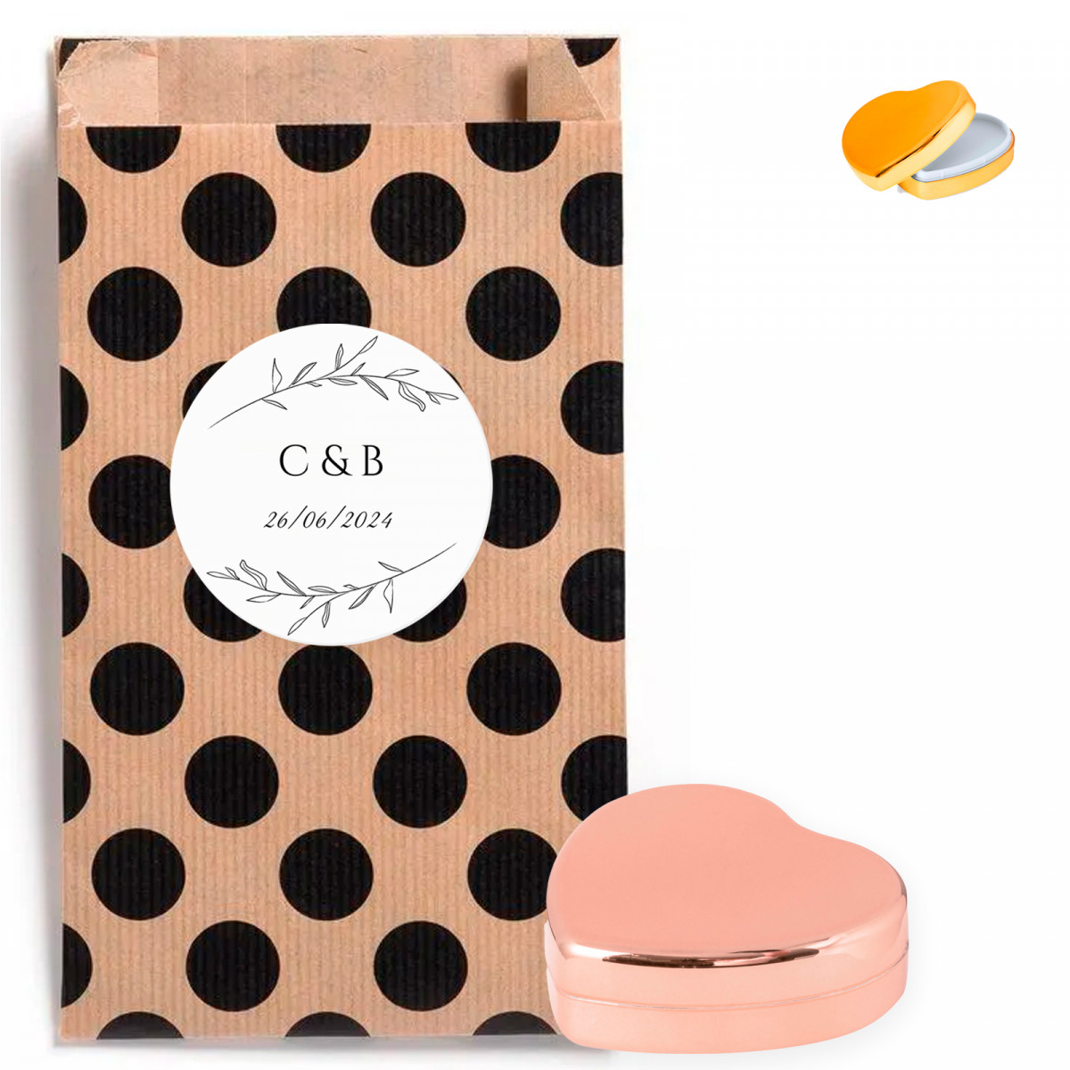 Bálsamo para o coração em sachê de bolinhas com adesivo personalizado para detalhes