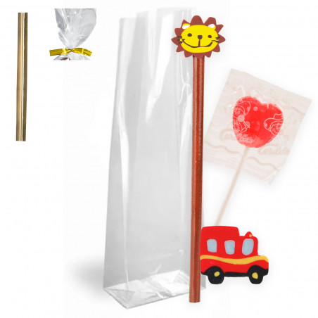 Lápis de leão com borracha e pirulito apresentado em bolsa transparente com fecho para detalhes