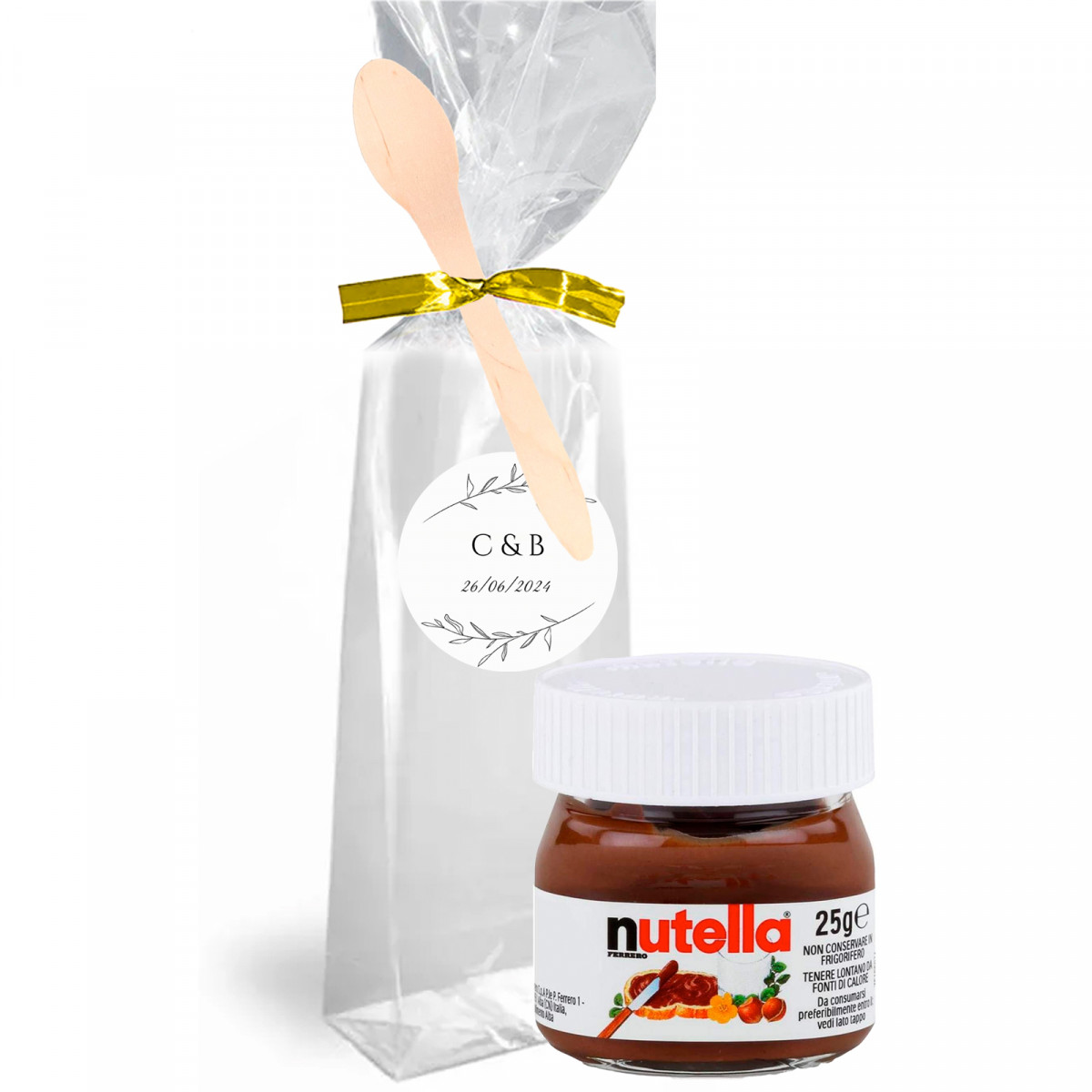 Nutella 25 g. em bolsa transparente personalizada com fecho e colher de madeira para detalhes
