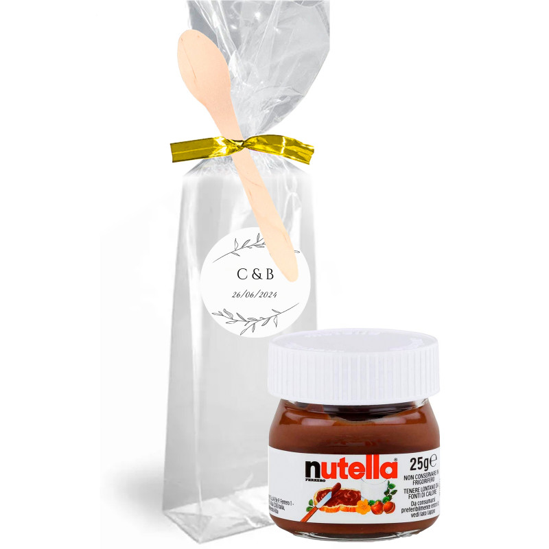 Nutella 25 g. em bolsa transparente personalizada com fecho e colher de madeira para detalhes