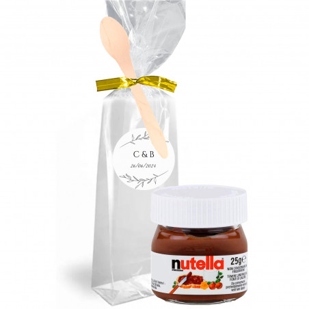 Nutella 25 g. em bolsa transparente personalizada com fecho e colher de madeira para detalhes