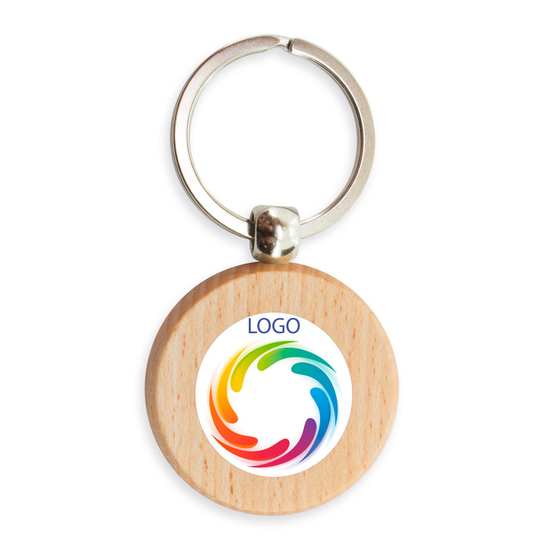 Chaveiro de madeira com logotipo personalizado da empresa para mais detalhes