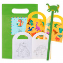 Livro de colorir dinossauro com adesivos e lápis em uma sacola de presente personalizada