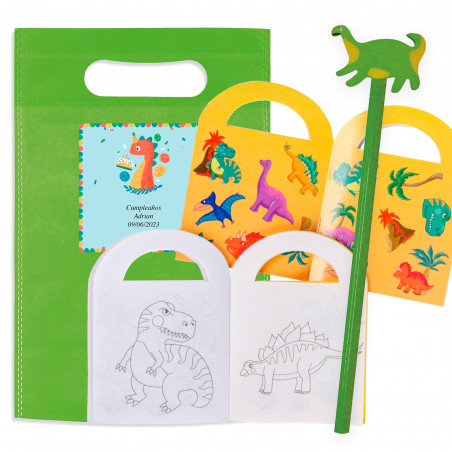 Livro de colorir dinossauro com adesivos e lápis em uma sacola de presente personalizada