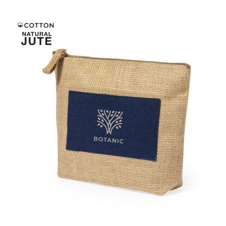 Bolsa de higiene pessoal de juta azul marinho em uma caixa personalizada para mais detalhes
