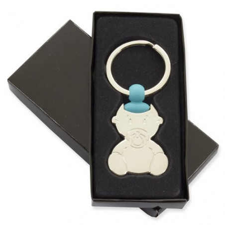 Chaveiro azul bebê em caixa personalizada para mais detalhes