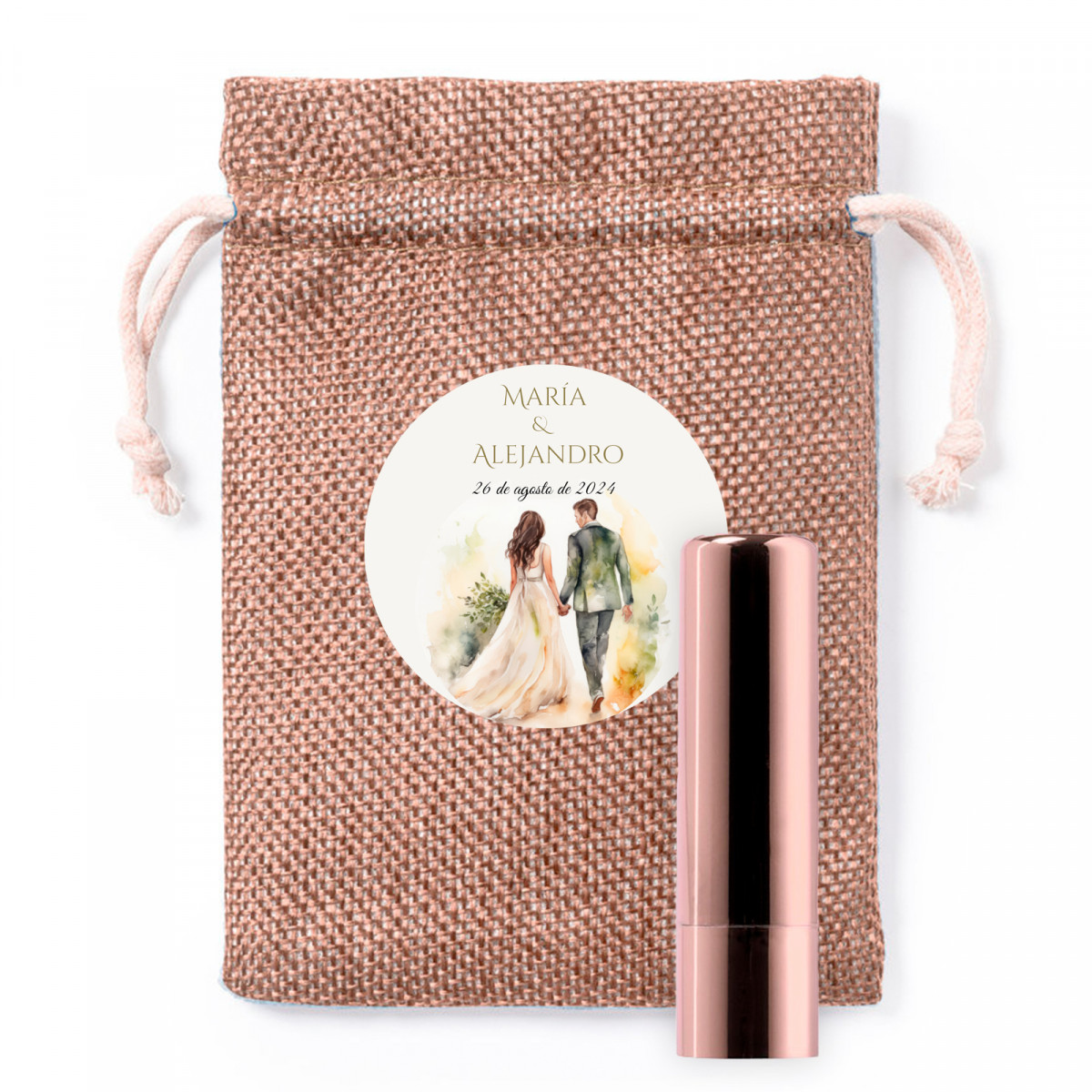 Bálsamo labial rosa metalizado em bolsa de tecido personalizada para lembranças