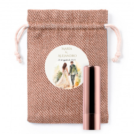 Bálsamo labial rosa metalizado em bolsa de tecido personalizada para lembranças
