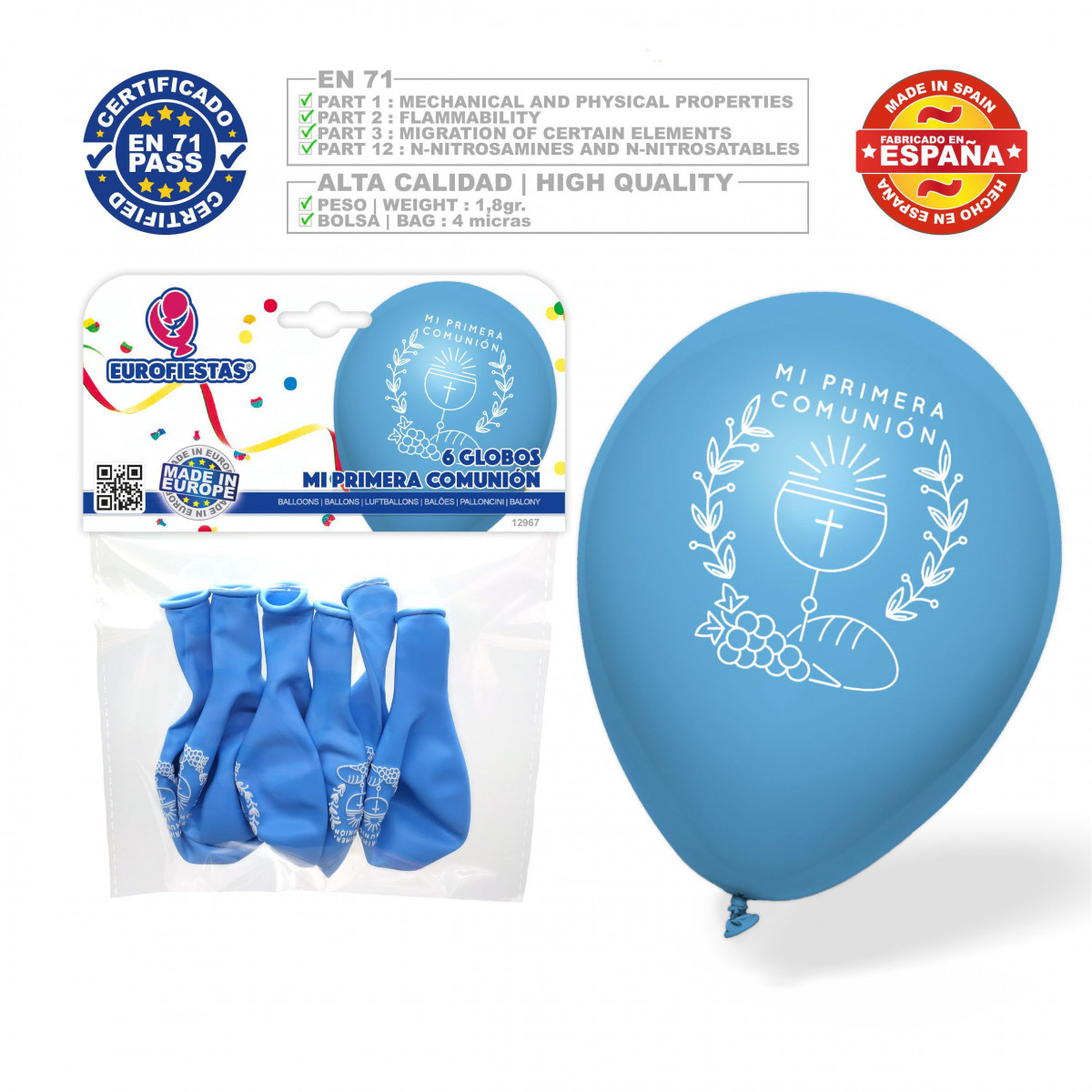 Baloons de látex azuis de comunhão em embalagem de 6 unidades