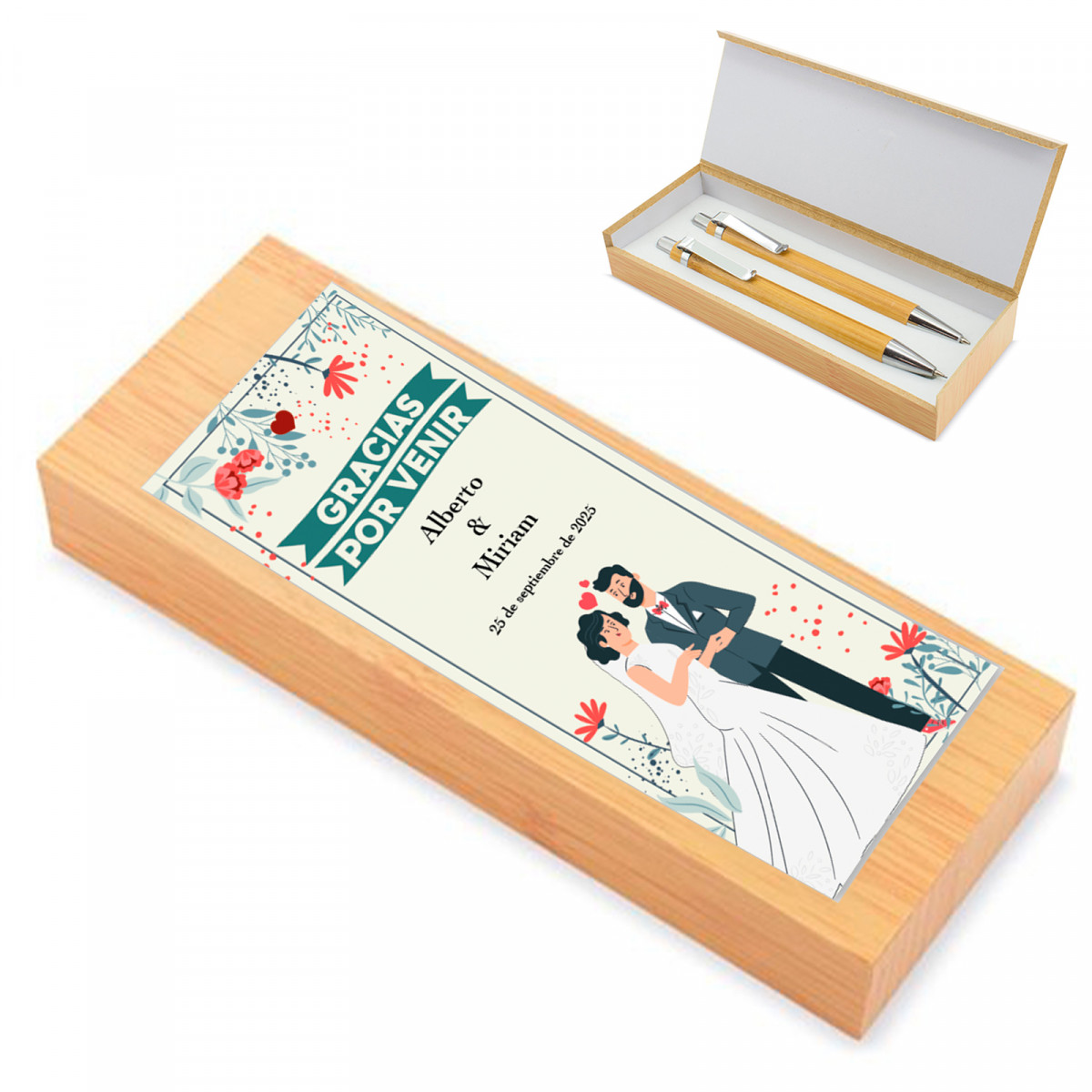 Estojo de madeira com caneta e lapiseira personalizado para lembrancinhas de casamento