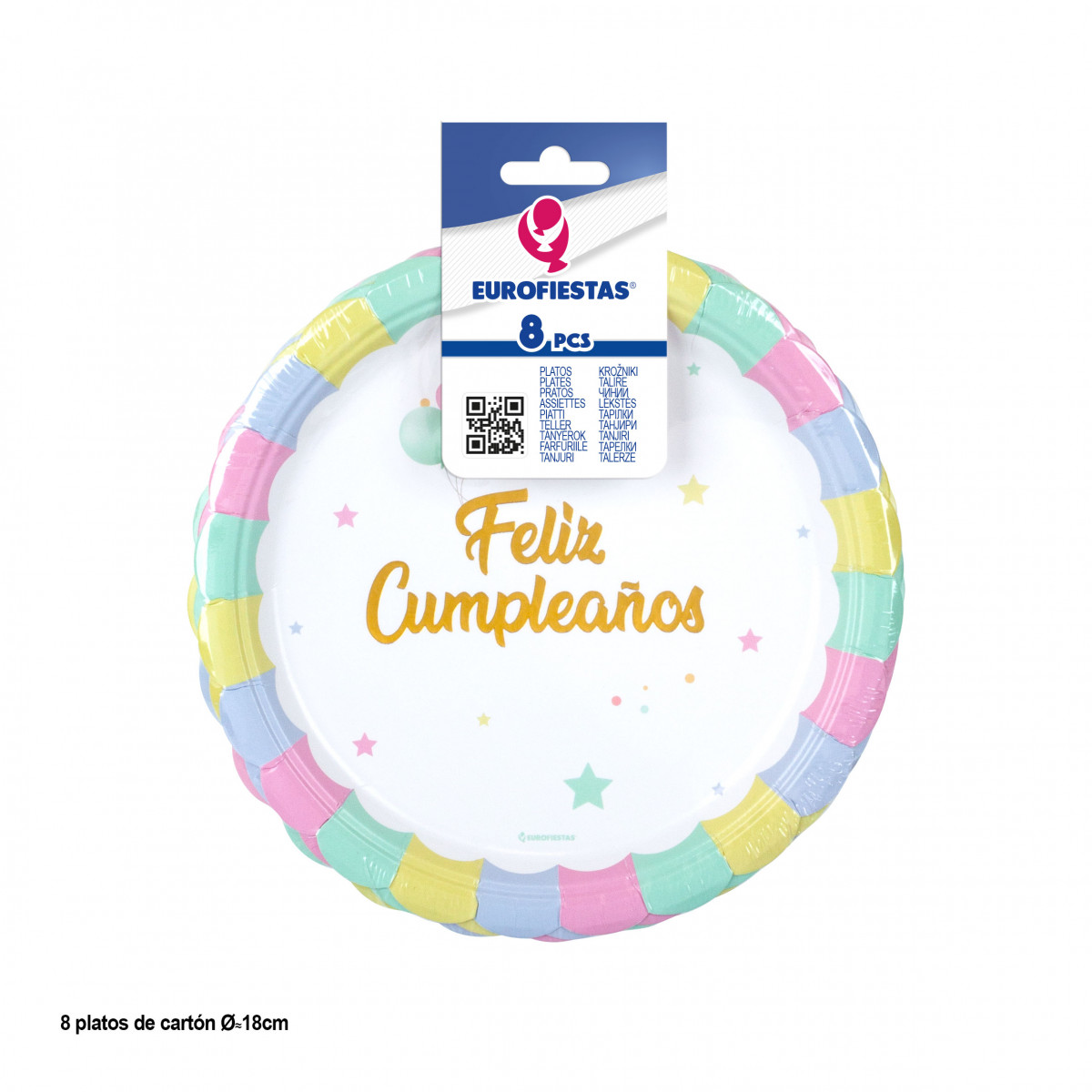 Pratos descartáveis para aniversários de 18 cm em pacote com 8 unidades