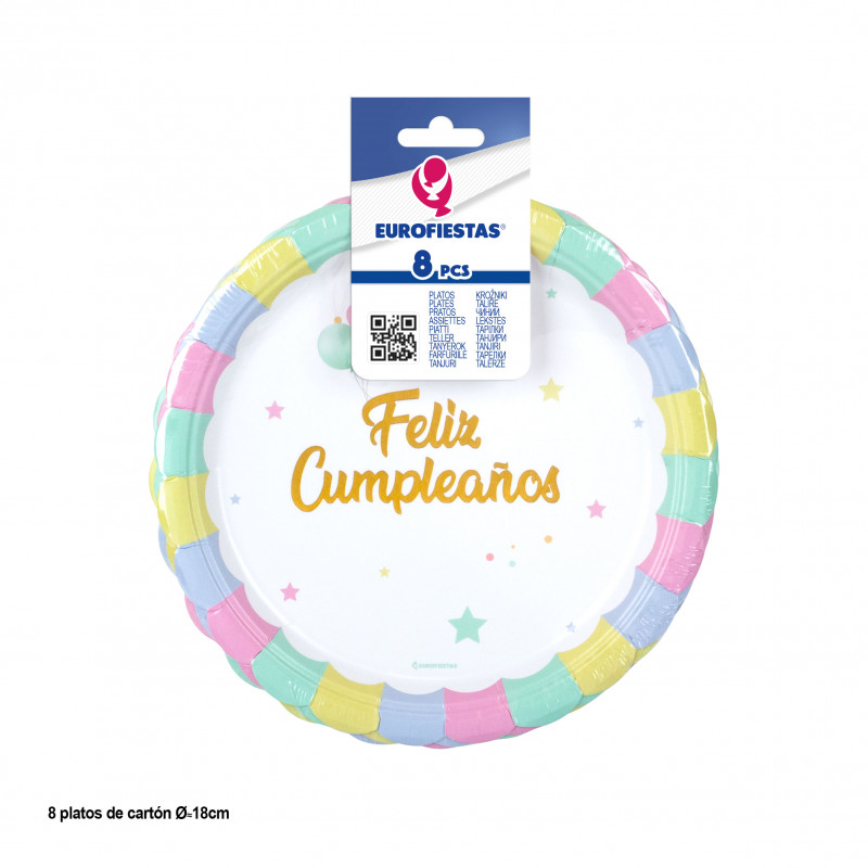 Pratos descartáveis para aniversários de 18 cm em pacote com 8 unidades