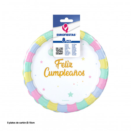 Pratos descartáveis para aniversários de 18 cm em pacote com 8 unidades