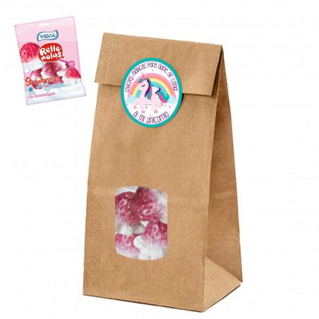 Saco com morangos de goma com adesivo personalizado para detalhes