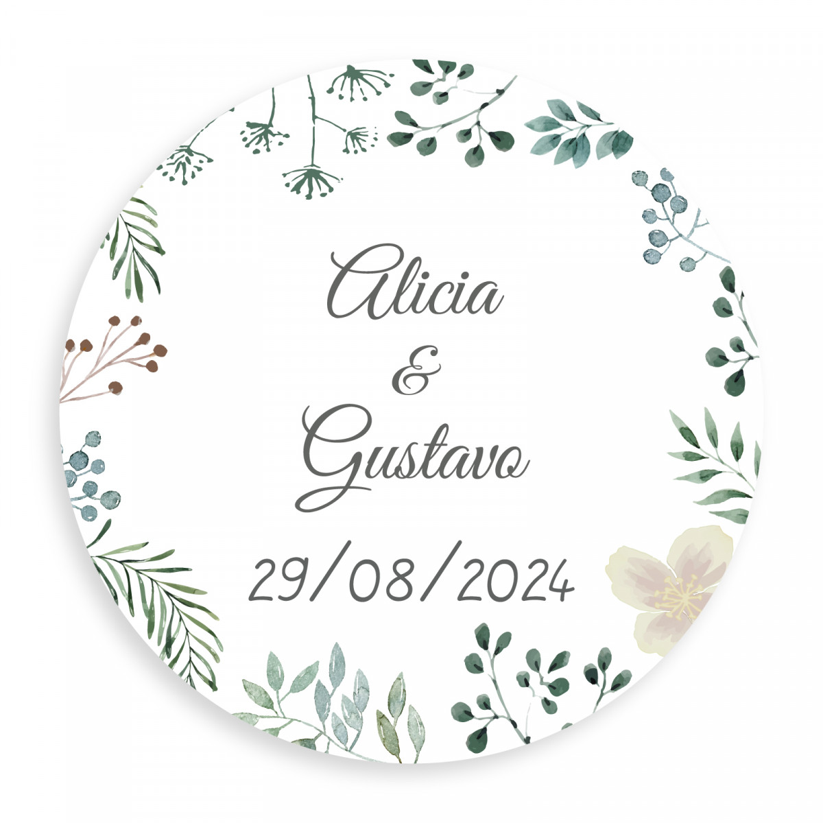 Adesivo personalizável redondo 3cm herbal minimalista para casamentos