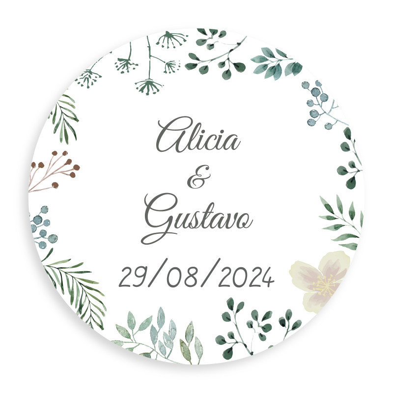 Adesivo personalizável redondo 3cm herbal minimalista para casamentos
