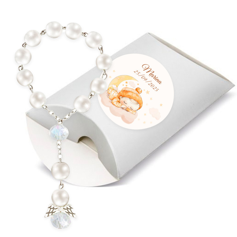 Rosário de anjo da guarda em caixa kraft personalizada para lembrancinhas de batismo