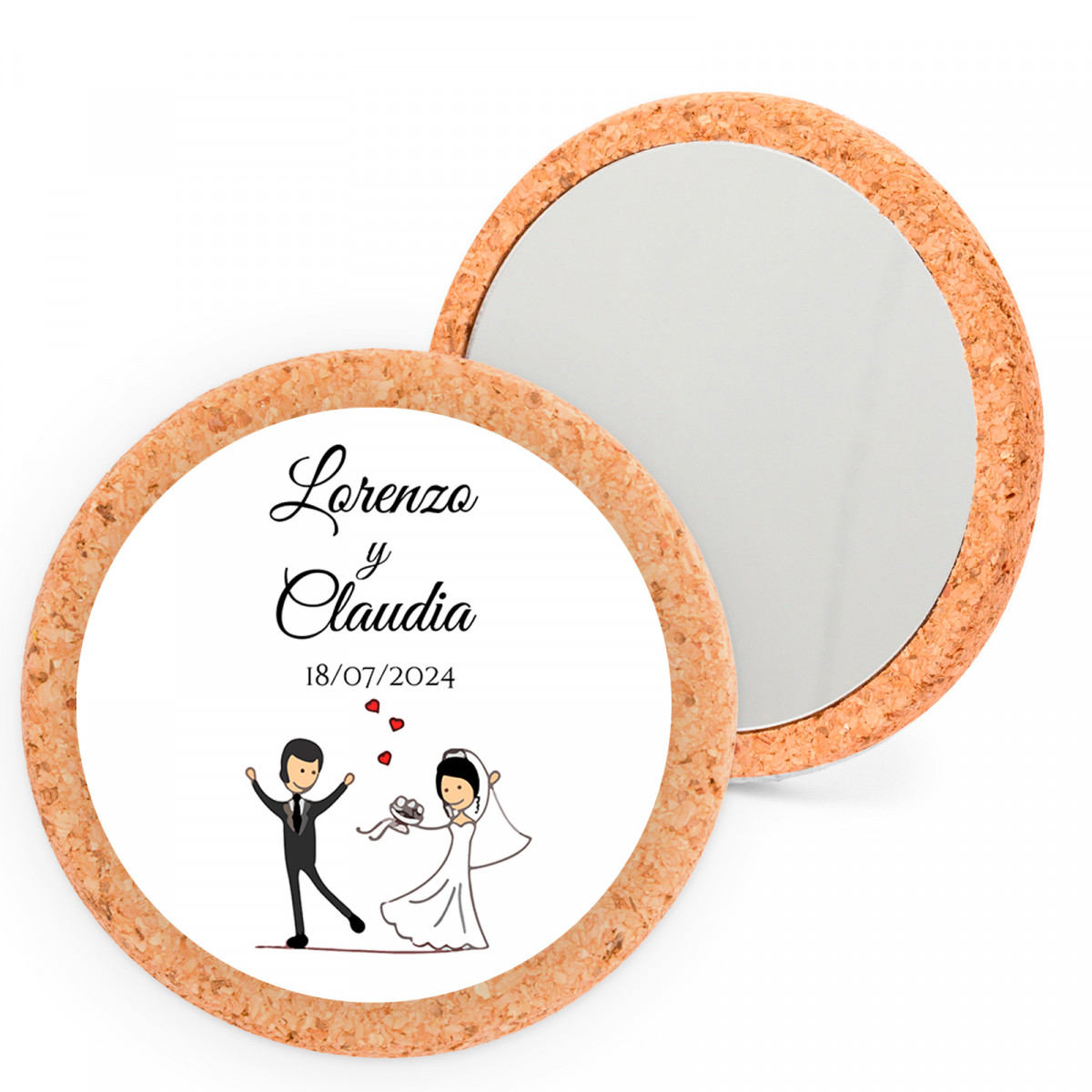 Espelho de cortiça personalizado com adesivo dos noivos para lembrancinhas de casamento