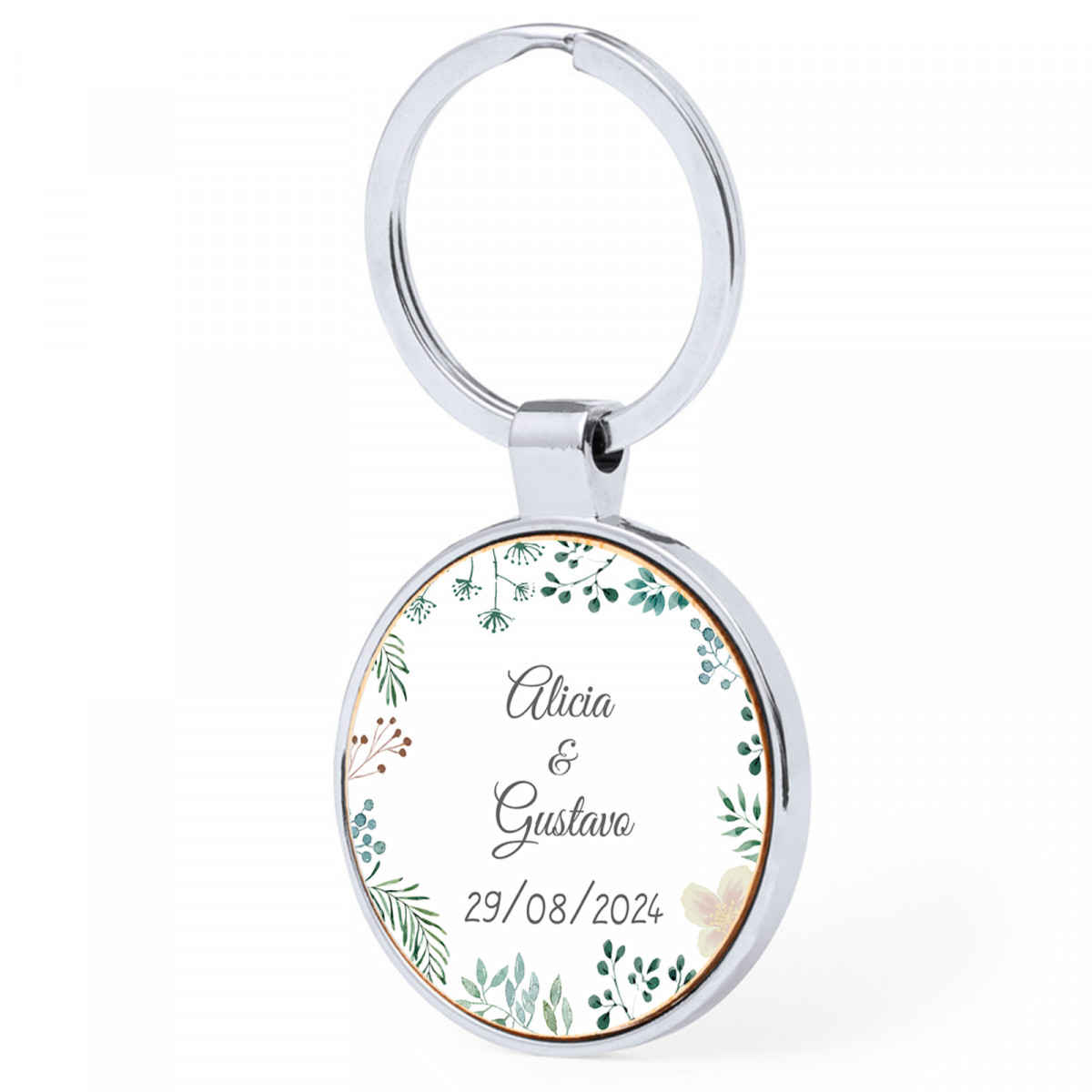 Chaveiro metálico redondo com adesivo personalizado para detalhes