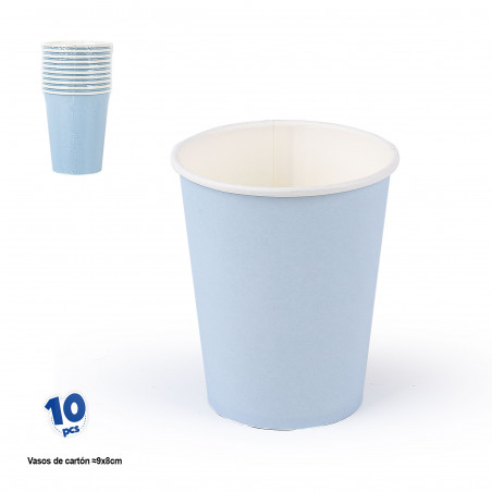 Copos descartáveis de papel celeste pastel em embalagem com 10 unidades