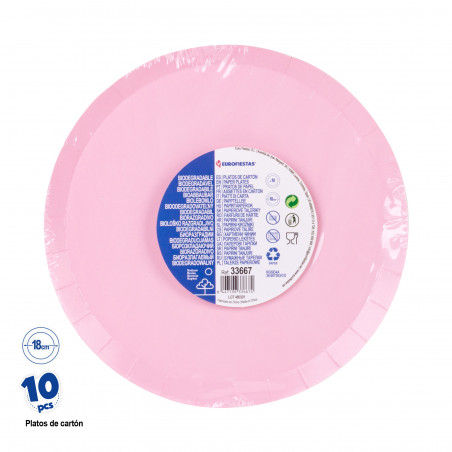 Pratos descartáveis em rosa pastel de 18 cm em pacote de 10 unidades
