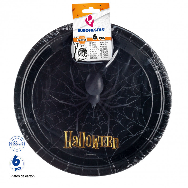 Prato de papelão preto para o Halloween em pacote de 6 peças e 23 cm