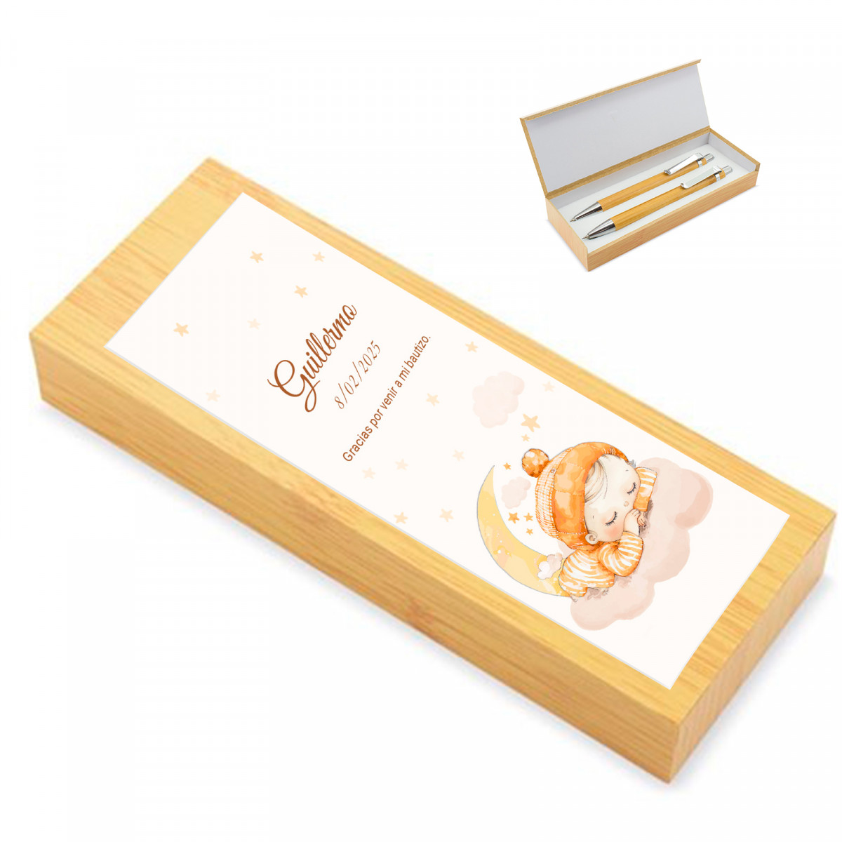 Estojo de bambu personalizado com caneta e lapiseira para lembrancinhas de batizado